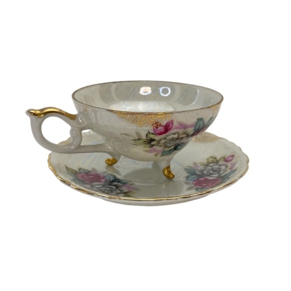Tea Cup & Saucer Pearl Iridescent Tri-Footed Japan - Picture 2 of 15